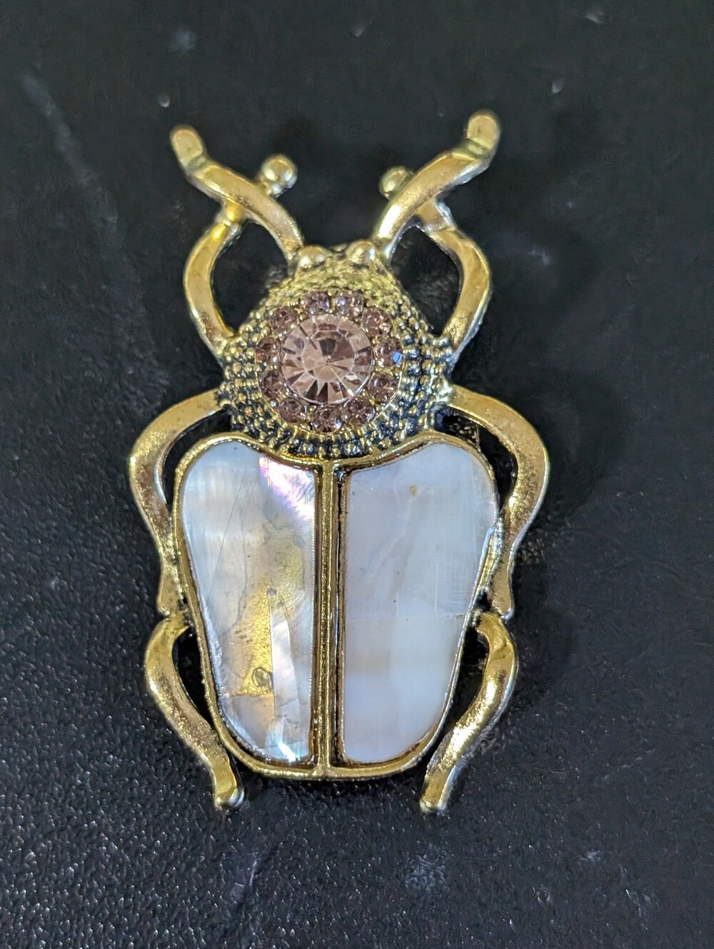 Gold Beetle Brooch with Mother-of-Pearl and Pink Crystal Accent